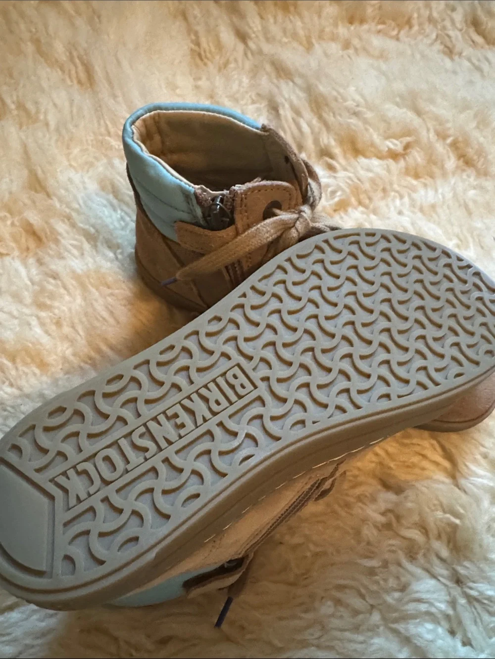 Birkenstock Kids Tan Suede High-Top Boots with Light Blue Trim